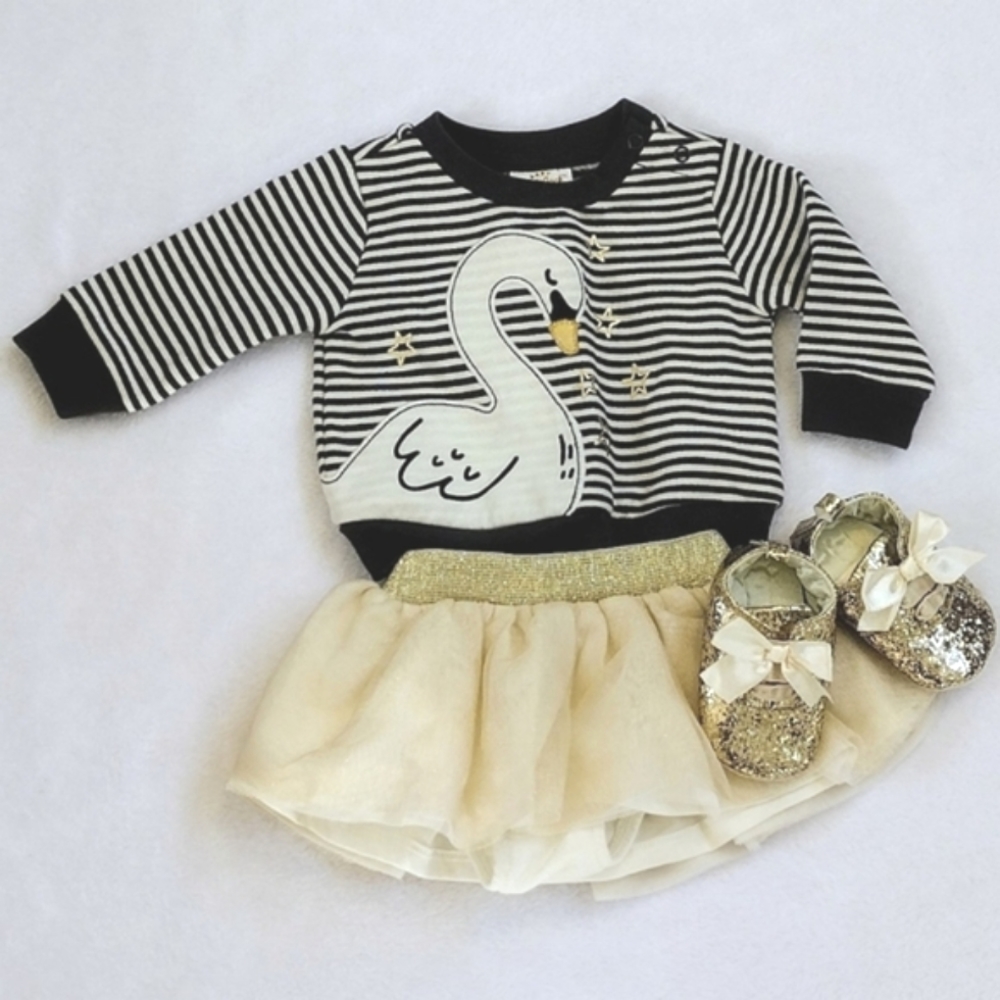 Cat & Jack Swan Baby Sweatshirt, Glimmer Skirt, and Gold Shoes 0-3M